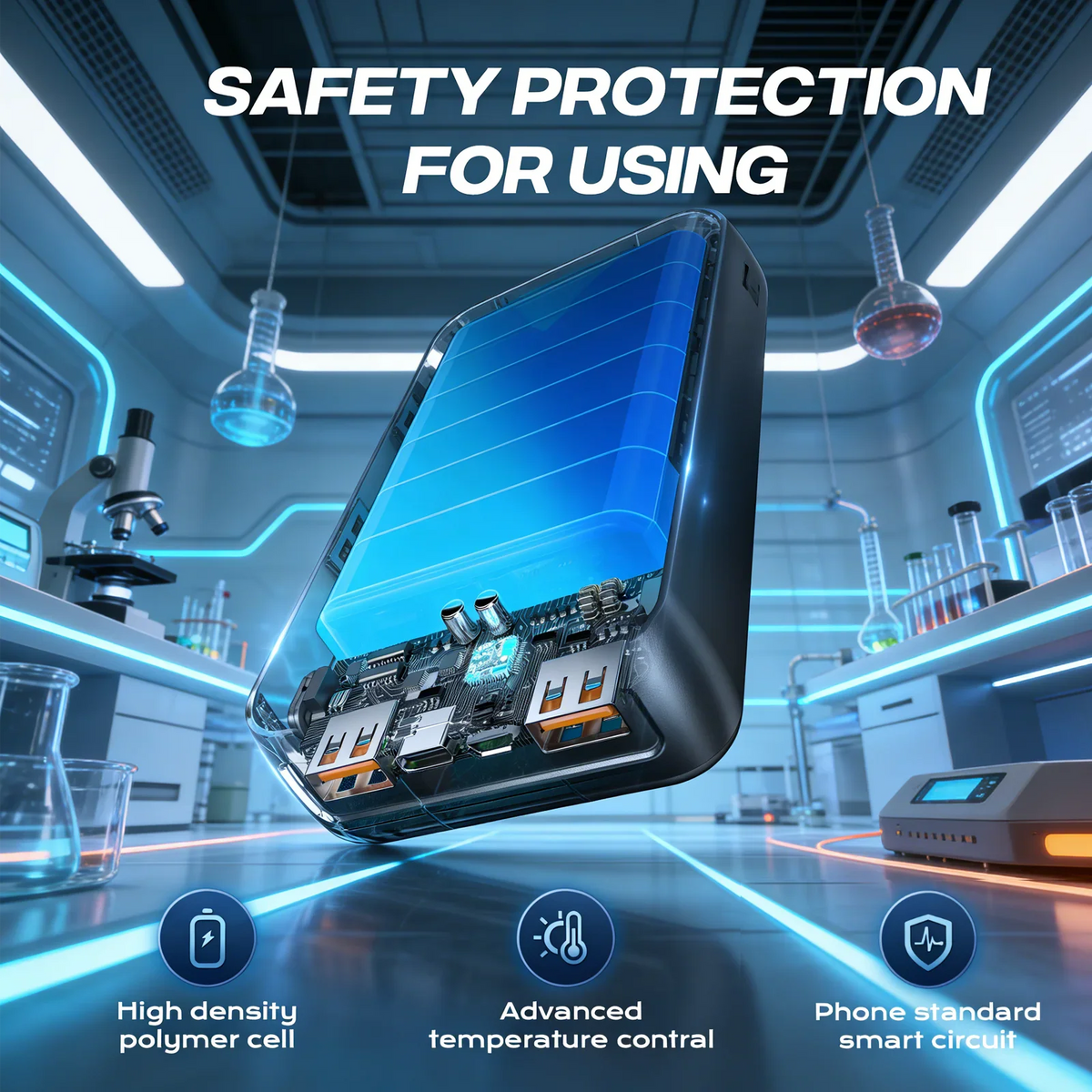 Portable power bank inner components and safety features in a laboratory setting