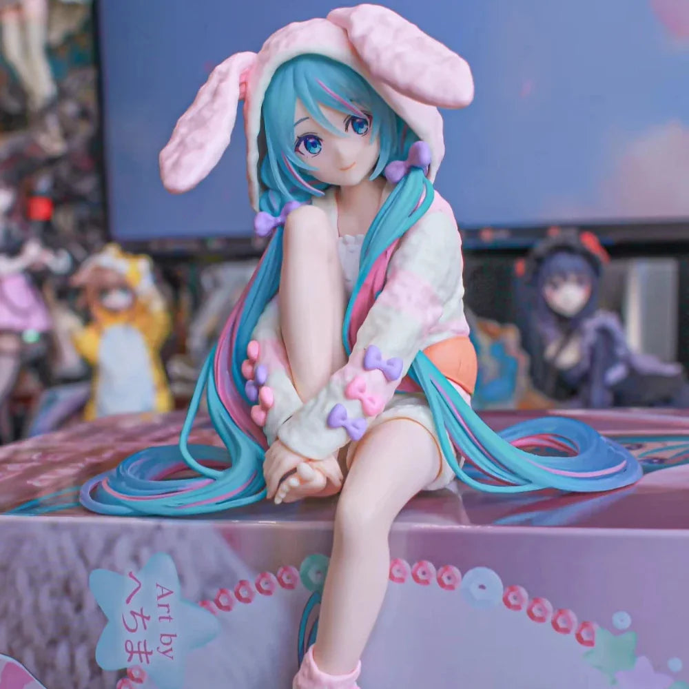 Hatsune Miku anime noodle stopper figure wearing a pink bunny ear pajama hoodie