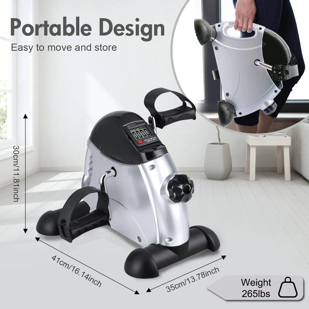 Portable mini exercise bike with dimensions and weight capacity information