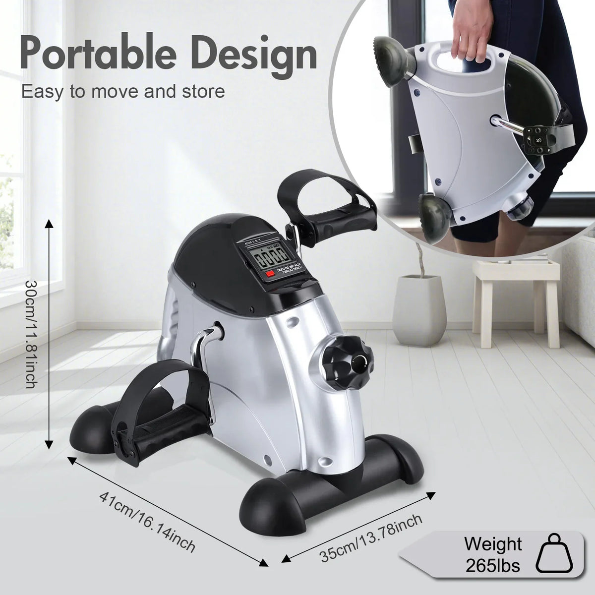 Portable mini exercise bike with dimensions and weight capacity information