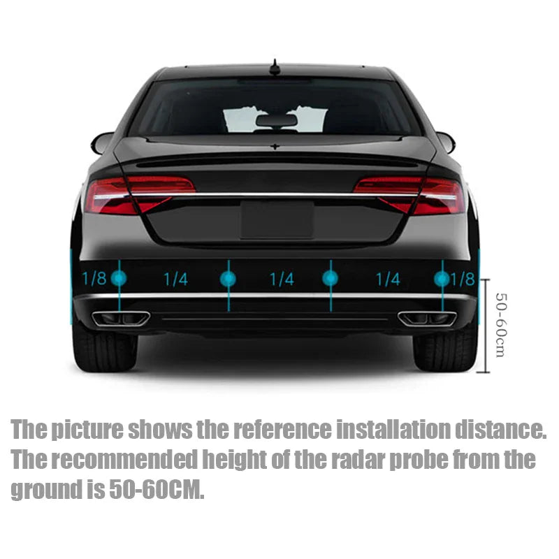 Diagram showing the rear view of a car bumper with measurements for parking sensor installation.