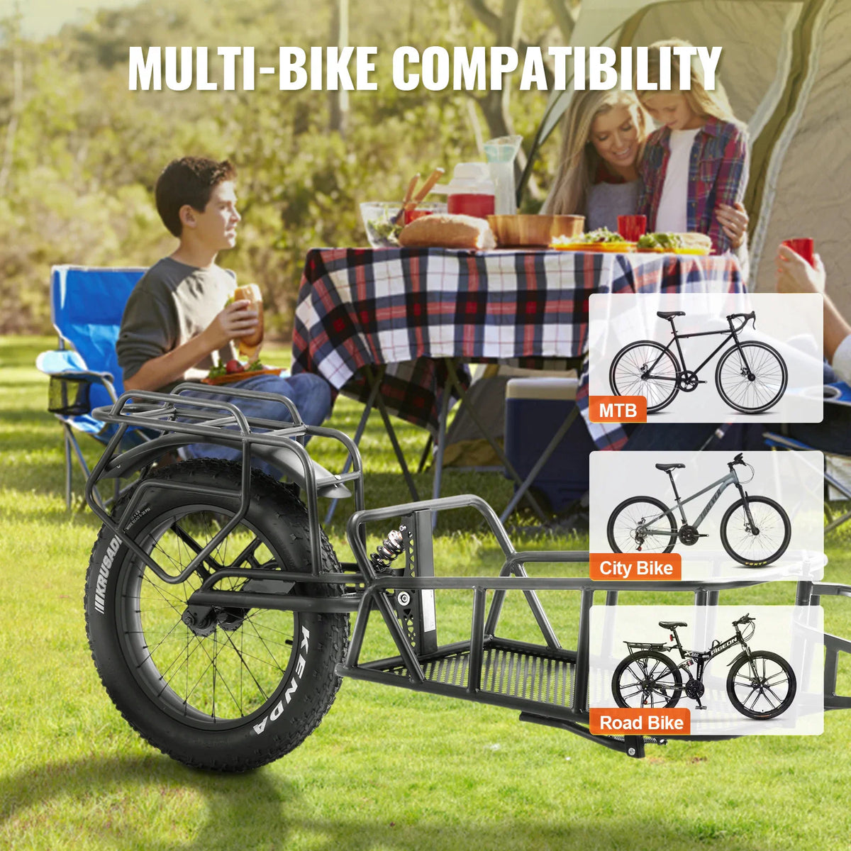 Cargo bicycle trailer in a park showing compatibility with various bicycle types