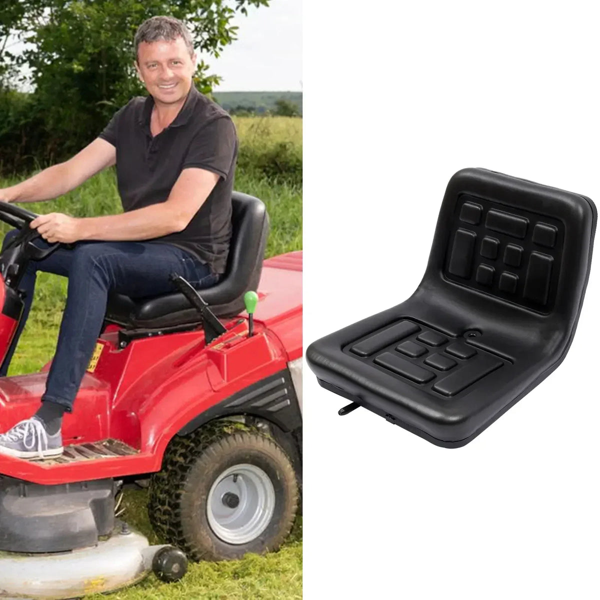 Black waterproof seat for riding lawn mower on a man driving the vehicle
