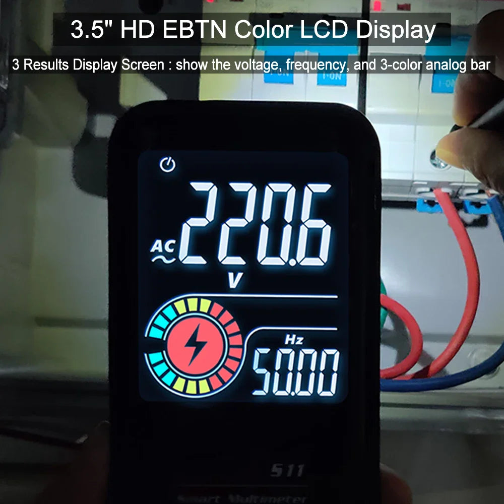 Digital multimeter testing live electrical voltage in a circuit breaker panel