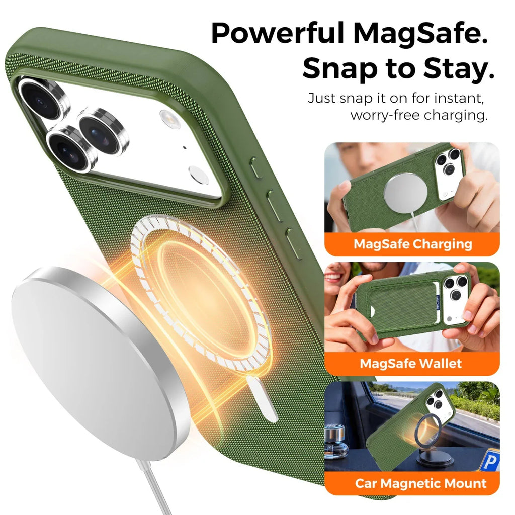 Green magnetic woven fabric phone case with charging and accessory demonstration
