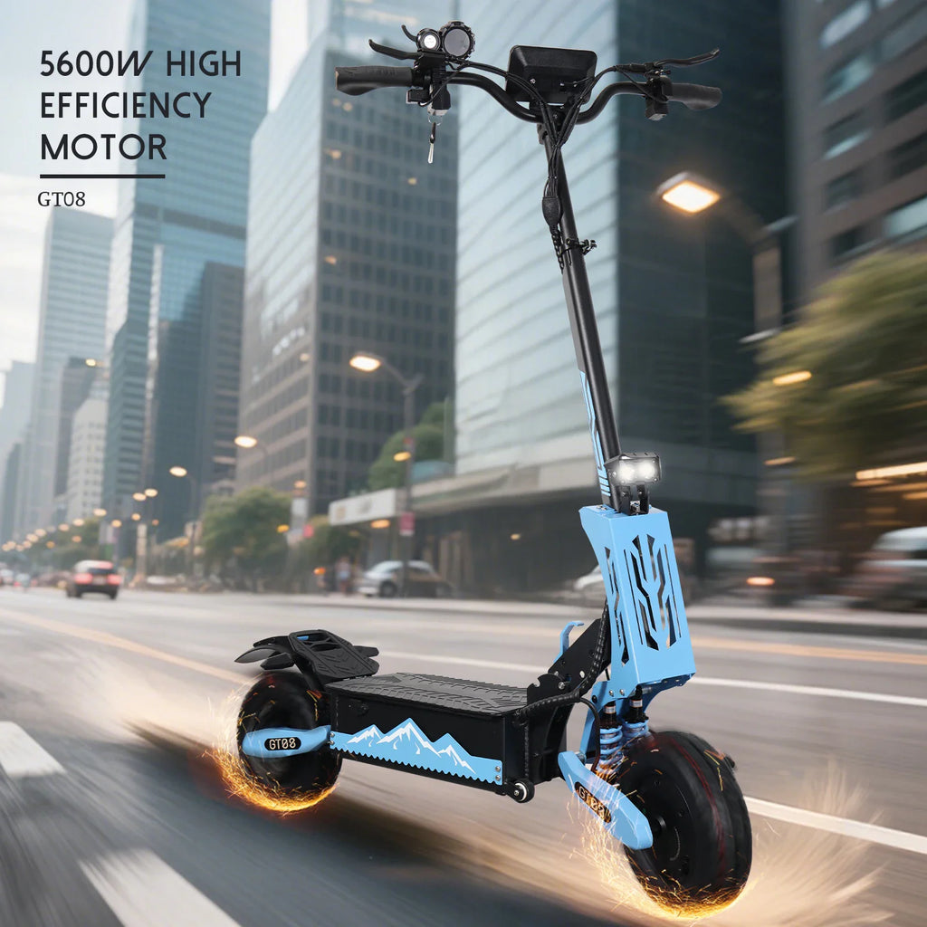 Electric scooter riding on an urban city street with a blur motion effect