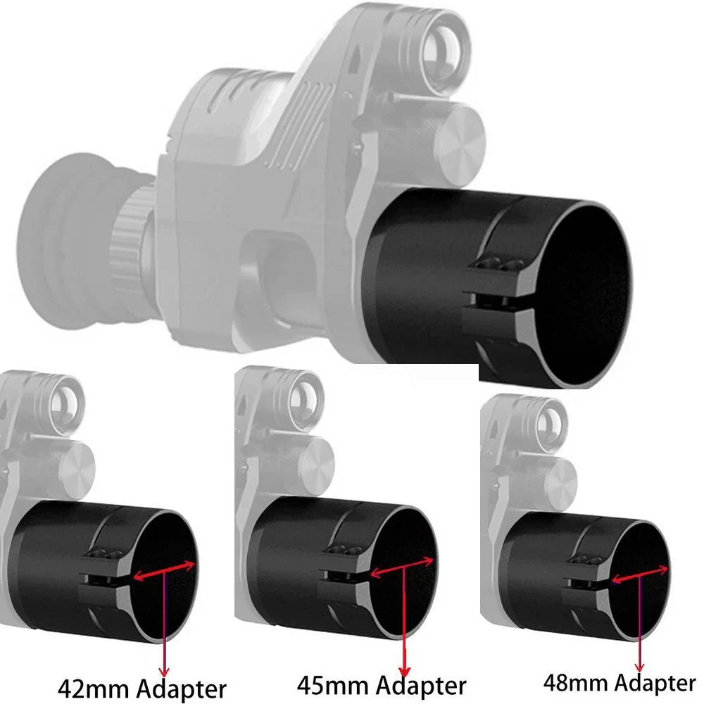 Three night vision adapters attached to the lens of an optical device with size labels