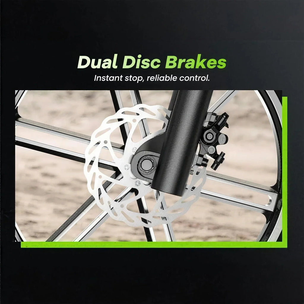 Close-up of the mechanical disc brake system on an electric bike wheel.