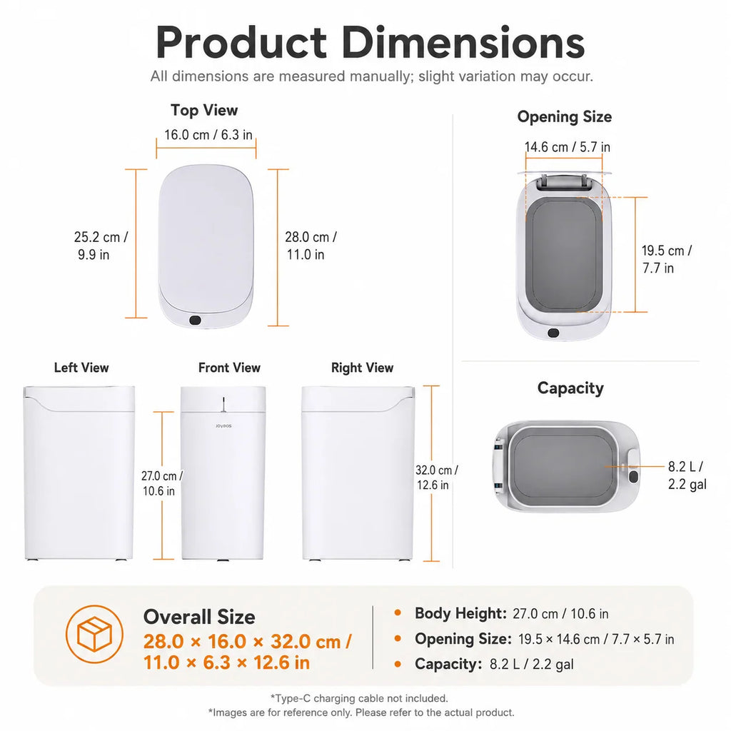Technical dimension drawing of an 8.2-liter white automatic sensor trash can