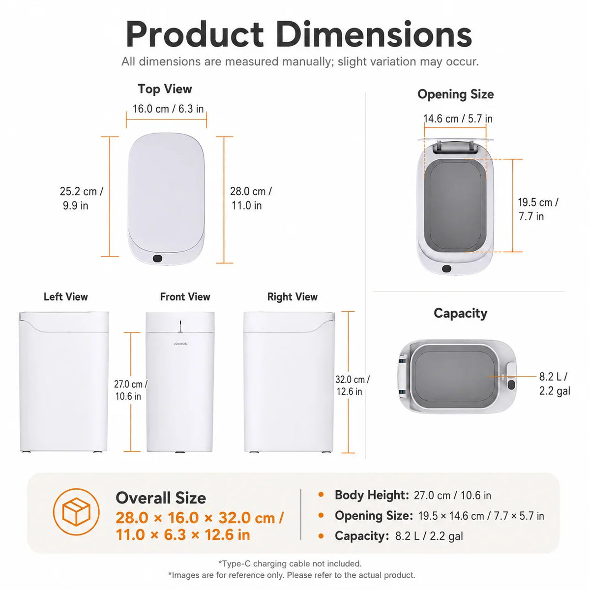 Technical dimension drawing of an 8.2-liter white automatic sensor trash can