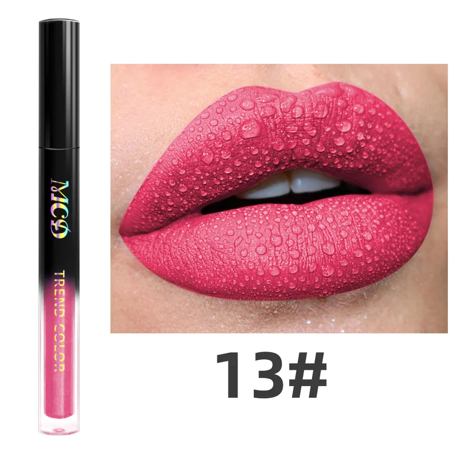 Pink liquid lipstick tube displayed next to a swatch of pink lipstick on lips