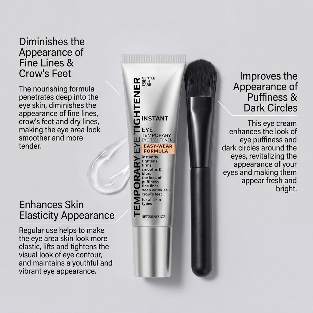 Temporary eye tightening cream in tube with applicator brush, showing product benefits