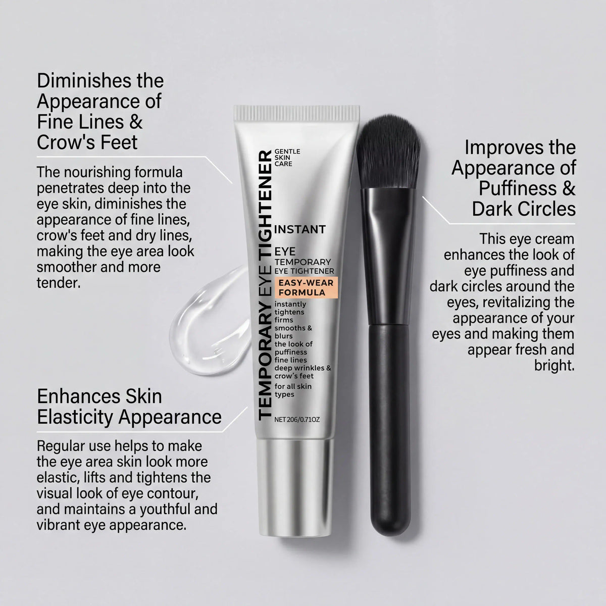 Temporary eye tightening cream in tube with applicator brush, showing product benefits