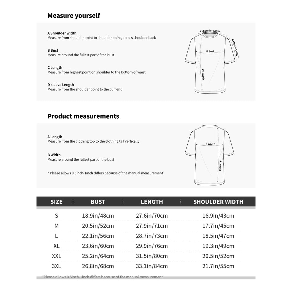Size chart with technical line drawings of a t-shirt showing measurements for bust, length, and shoulder width