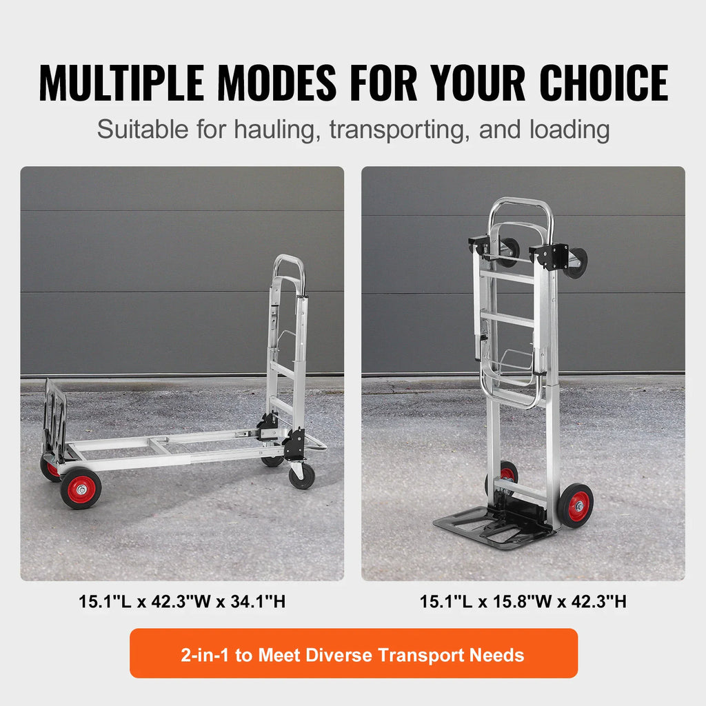 Dimensions and dual operating modes of a foldable hand truck and platform cart