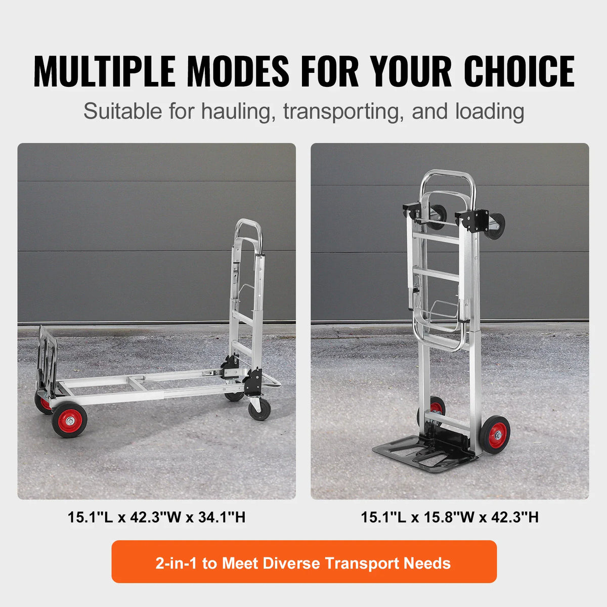 Dimensions and dual operating modes of a foldable hand truck and platform cart
