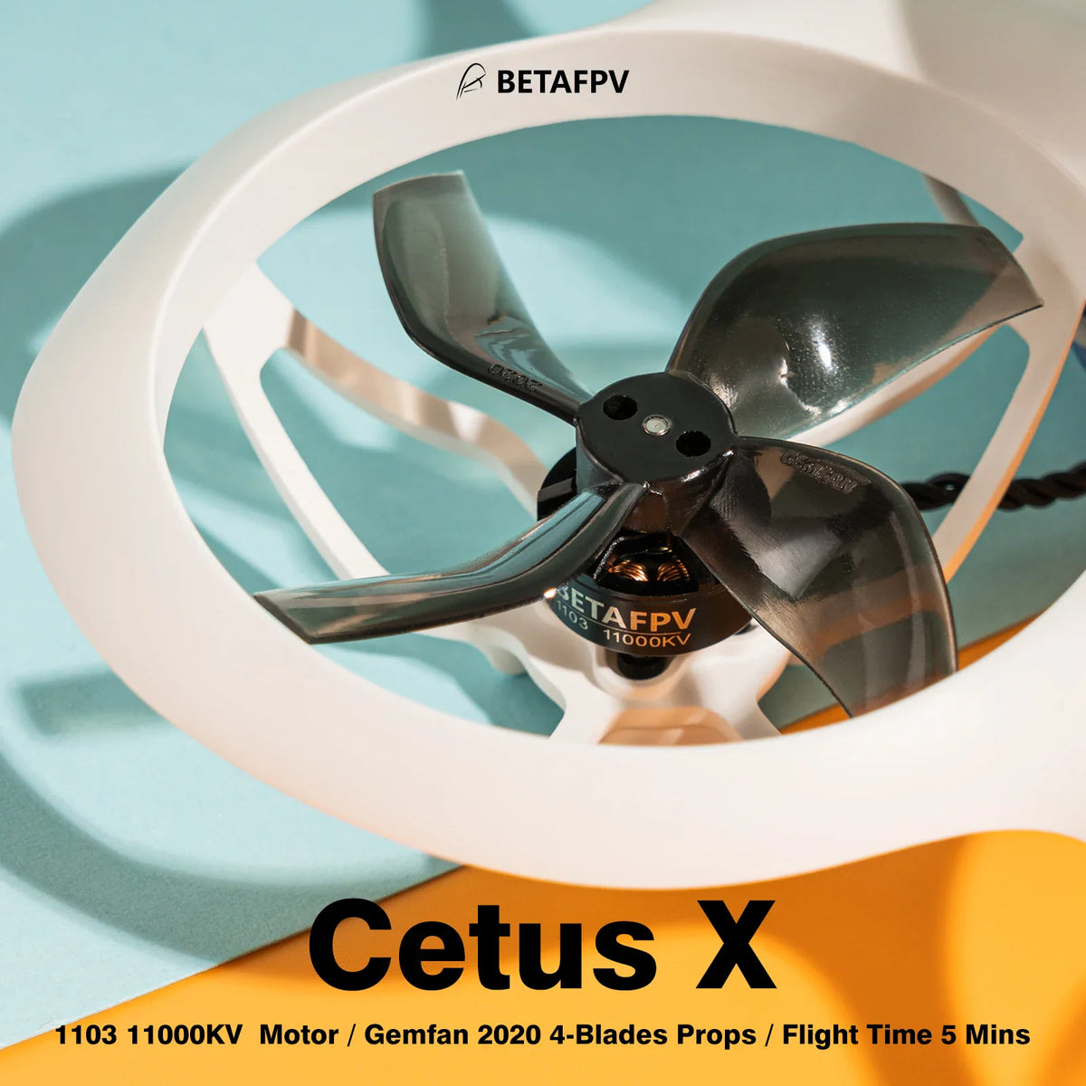 Close up view of the drone motor and four-blade propeller