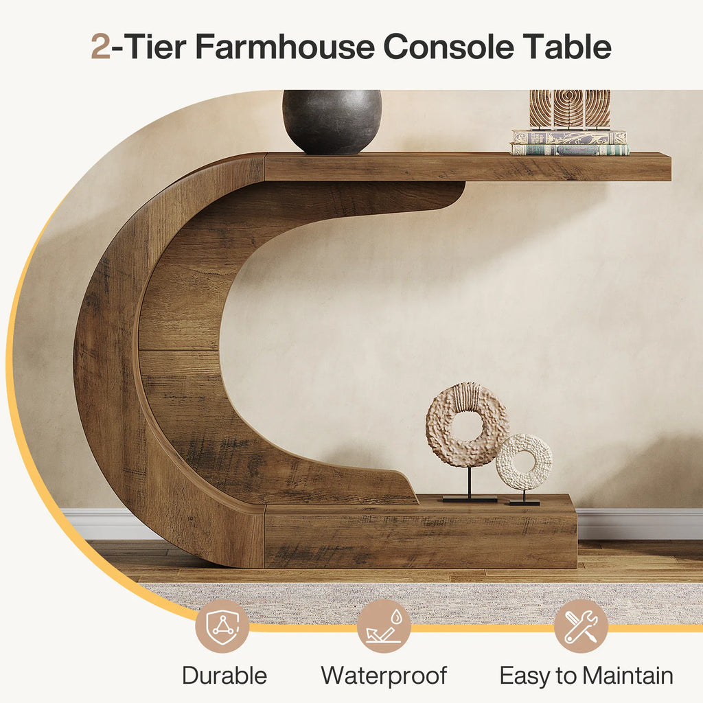 Two-tier wooden console table with durability and maintenance icons.