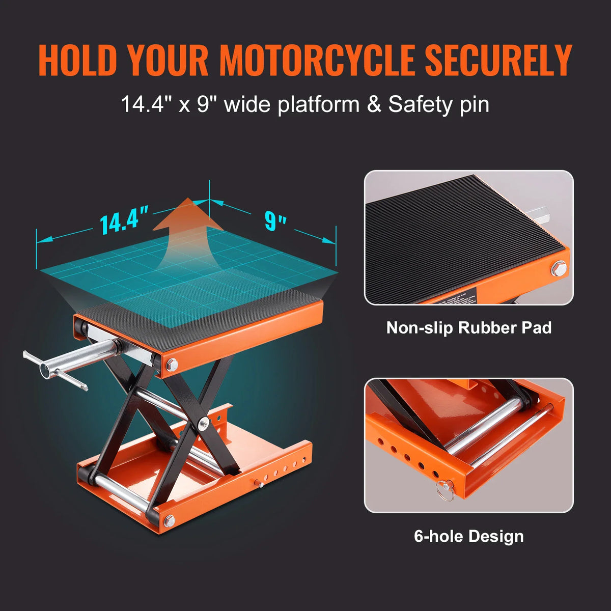 Motorcycle scissor lift jack features including platform dimensions and rubber pad