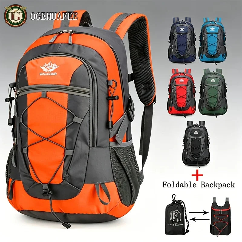 Multi-functional outdoor hiking backpack in orange and grey with a small foldable bag