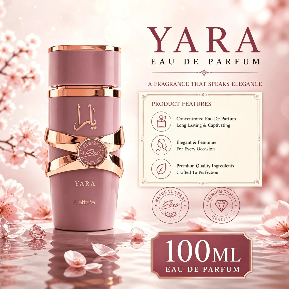 A pink perfume bottle with text describing its features, quality, and fragrance profile.