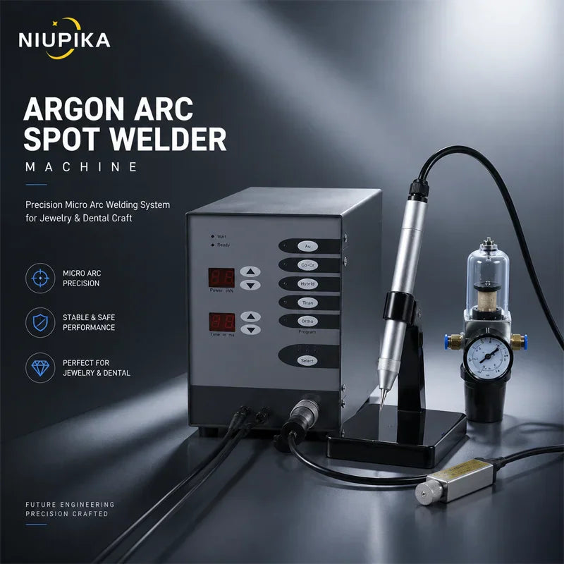 Argon arc spot welder machine for jewelry and dental craft with control unit, welding handle, and gauge