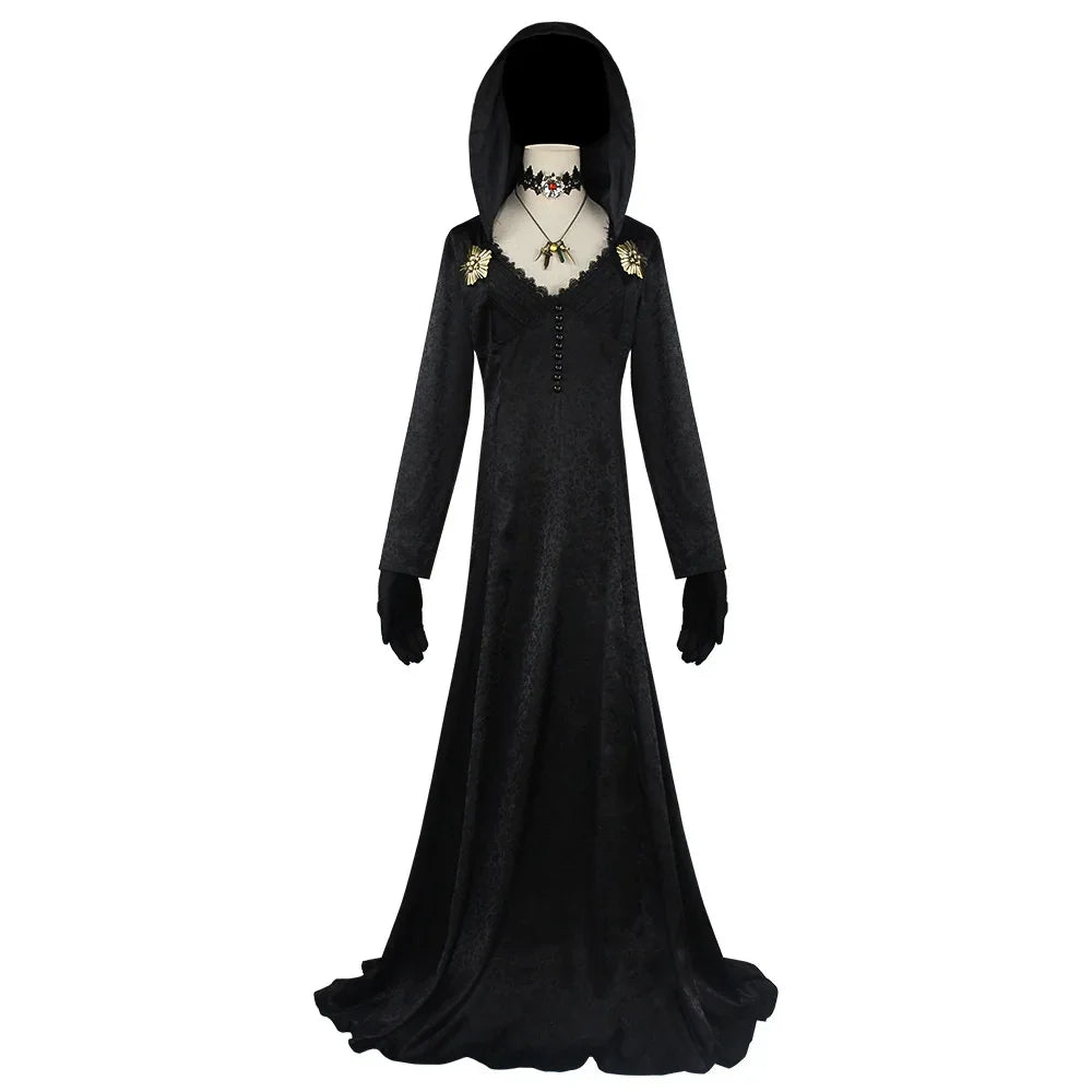 Black hooded gothic style dress with long sleeves and accessories