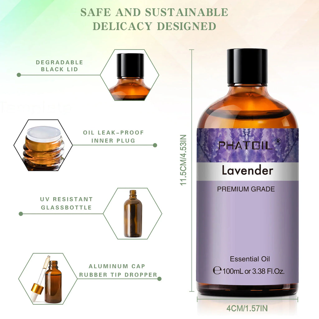 A bottle of lavender essential oil with diagram callouts explaining product features.
