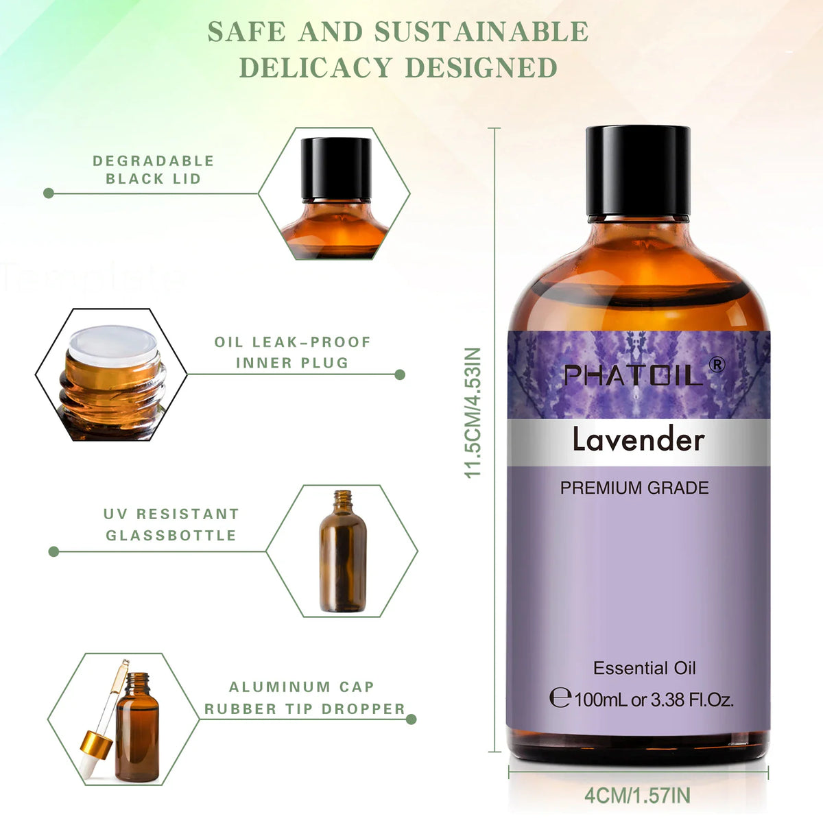 A bottle of lavender essential oil with diagram callouts explaining product features.
