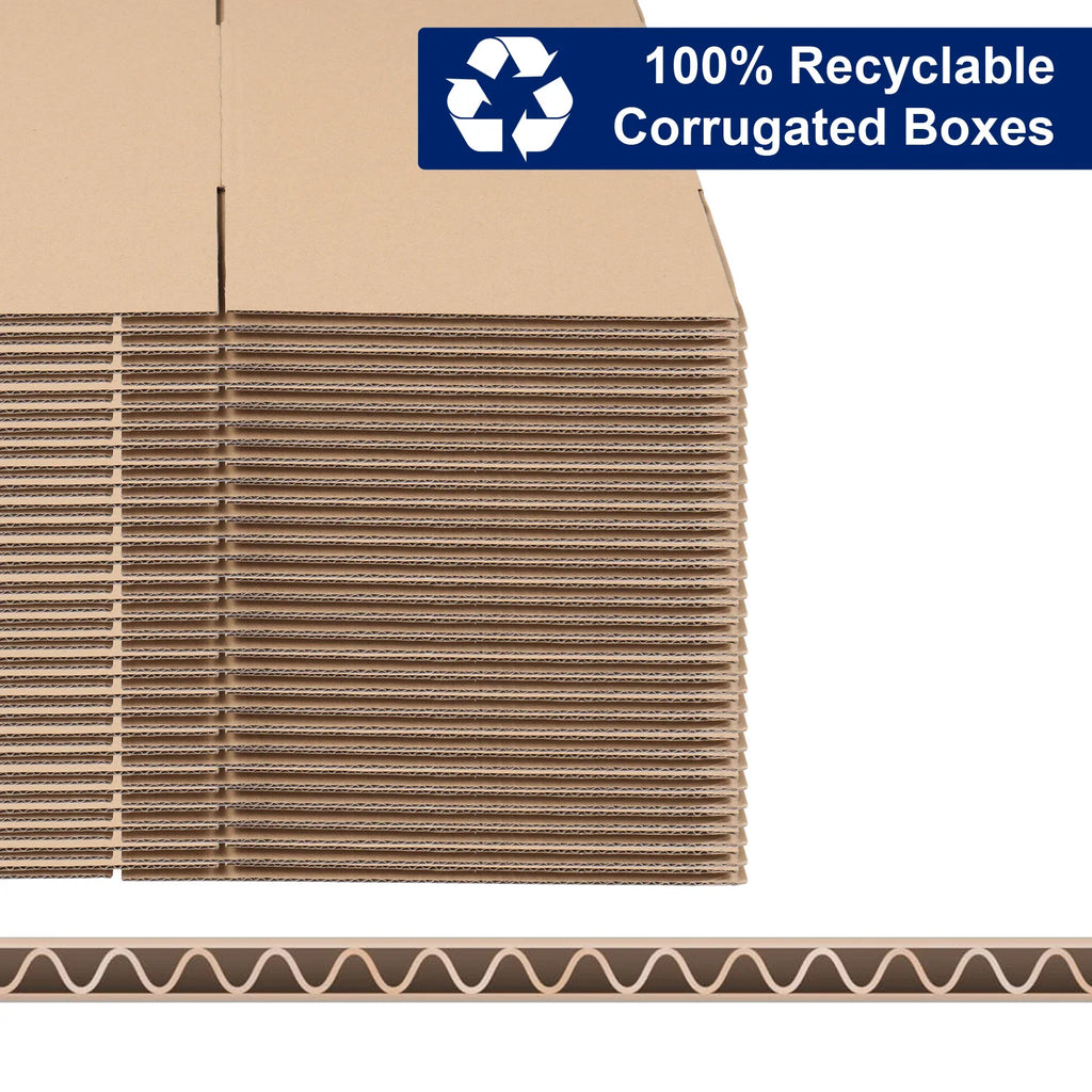 A stack of flat-packed brown cardboard boxes with a recycling symbol