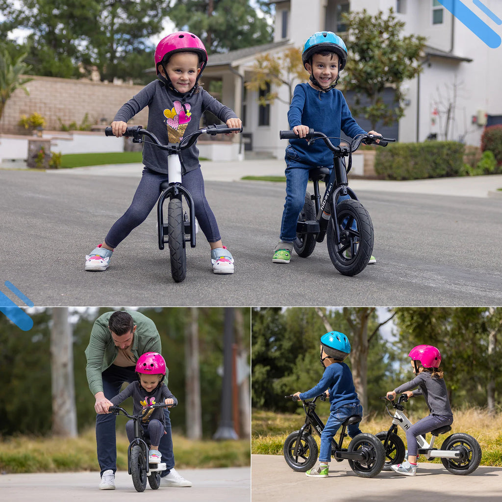 Collage of children and a parent using the black and white electric balance bikes outdoors