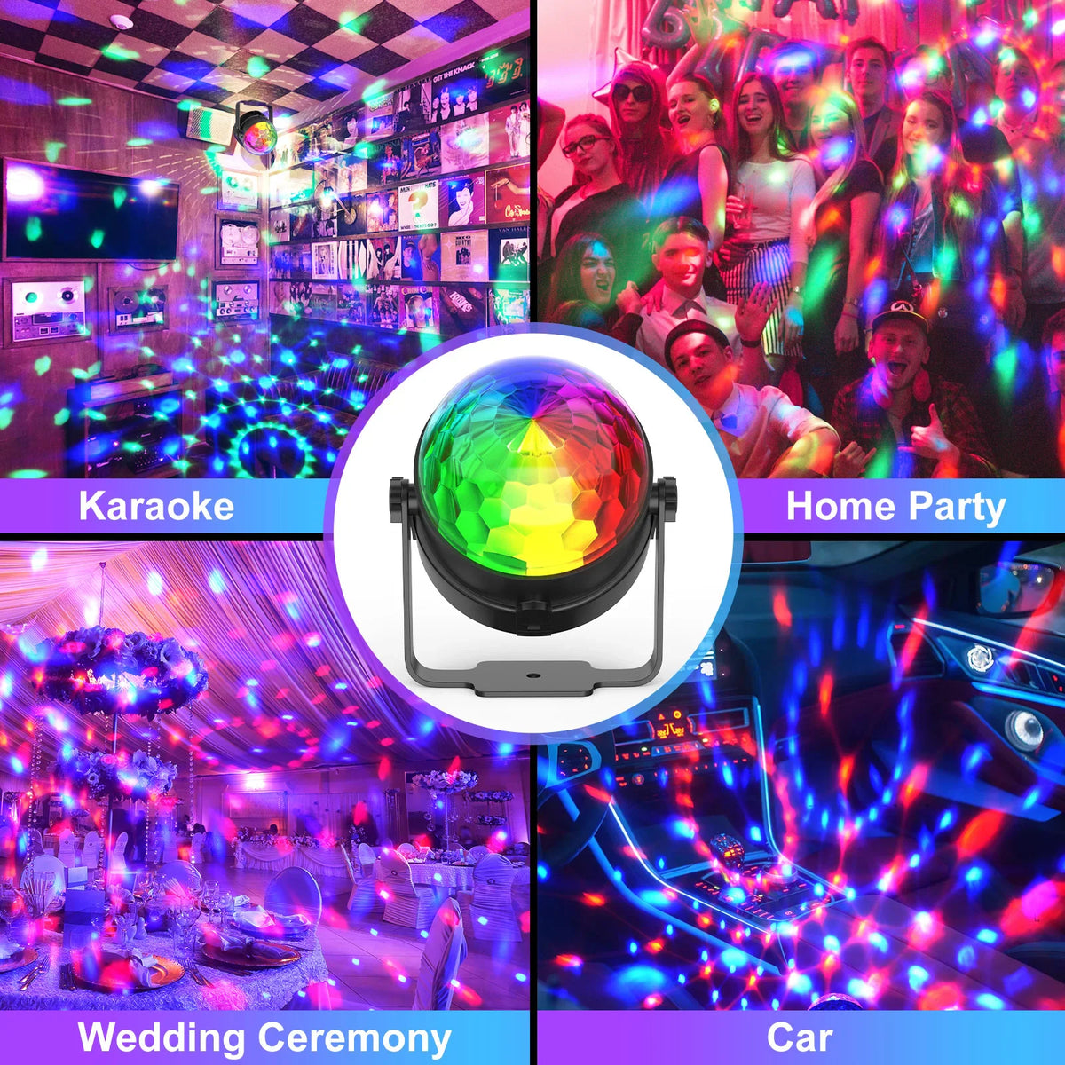 LED disco ball lighting shown in different environments like karaoke, weddings, and cars