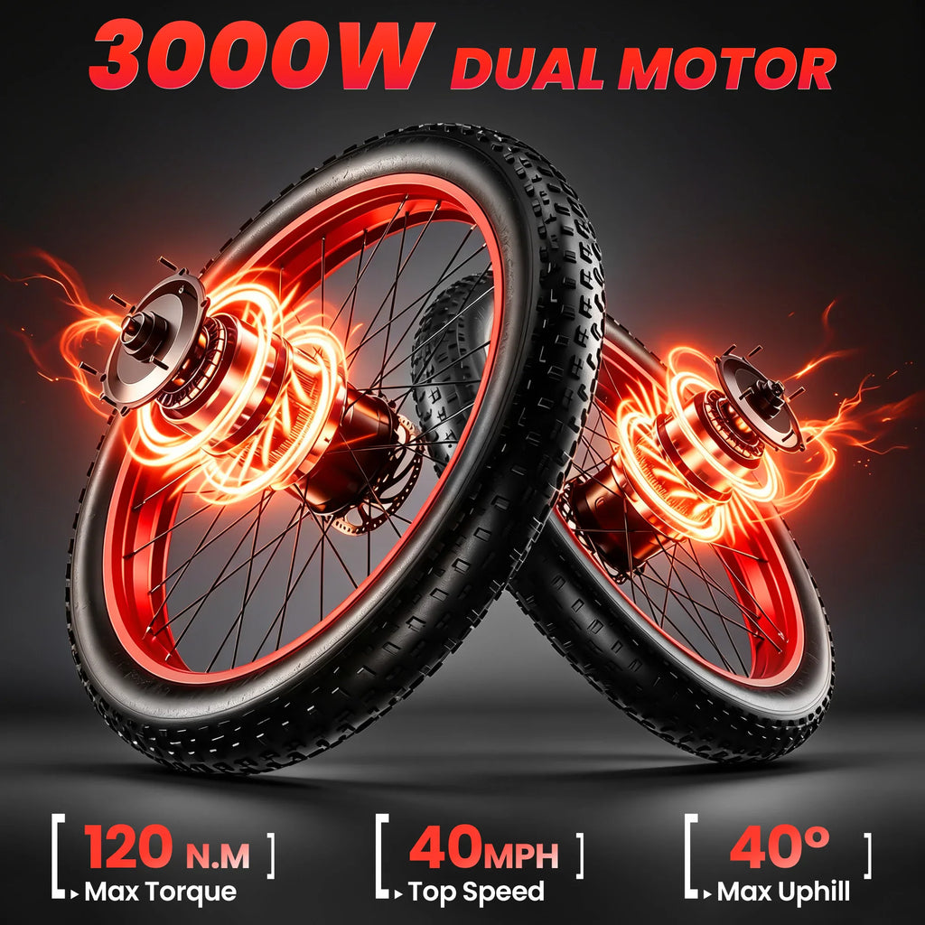 Two electric bike wheels with fiery graphics and 3000W dual motor performance text.