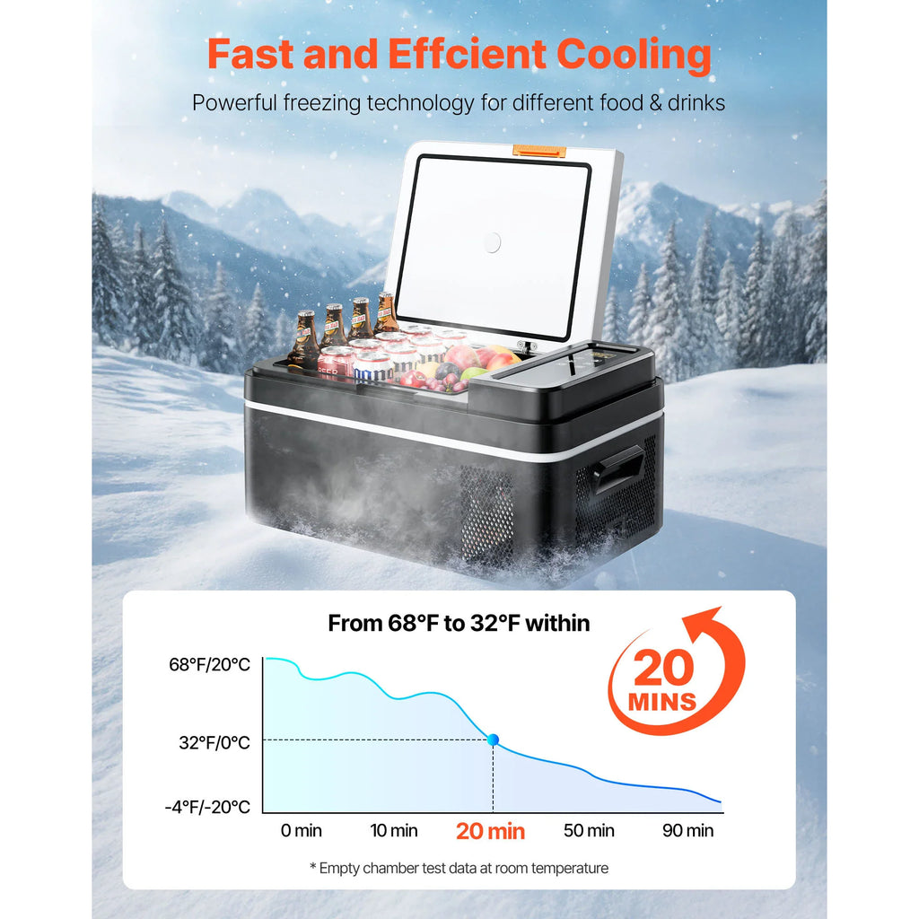 Portable car freezer showing cooling performance chart on snowy background