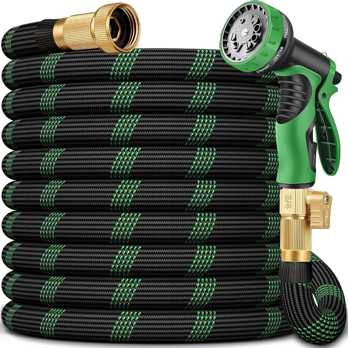 Green and black garden hose with a nozzle and brass fittings