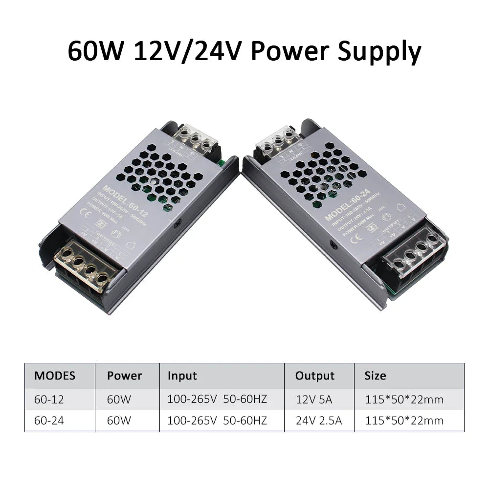 60W 12V and 24V slim metal power supplies with technical specifications table