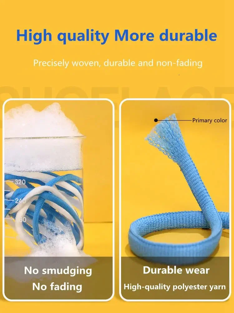 Demonstration of shoelace durability showing laces soaking in soapy water and a close-up of the weave.