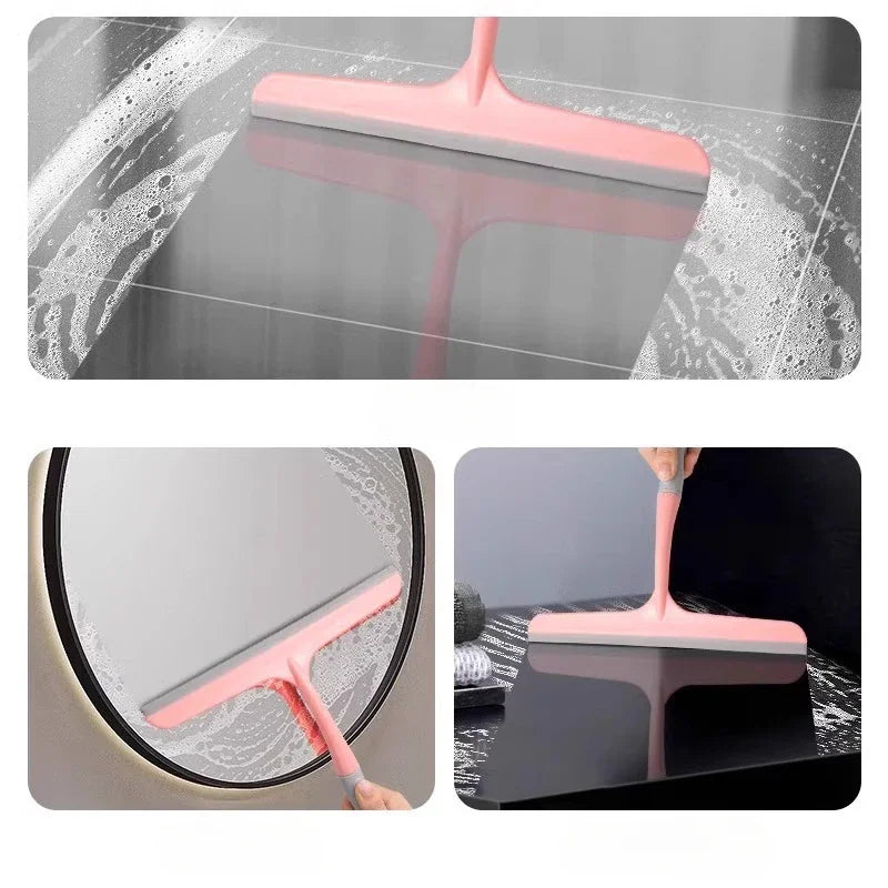 Three photos of a pink squeegee cleaning a soapy glass surface and a circular mirror