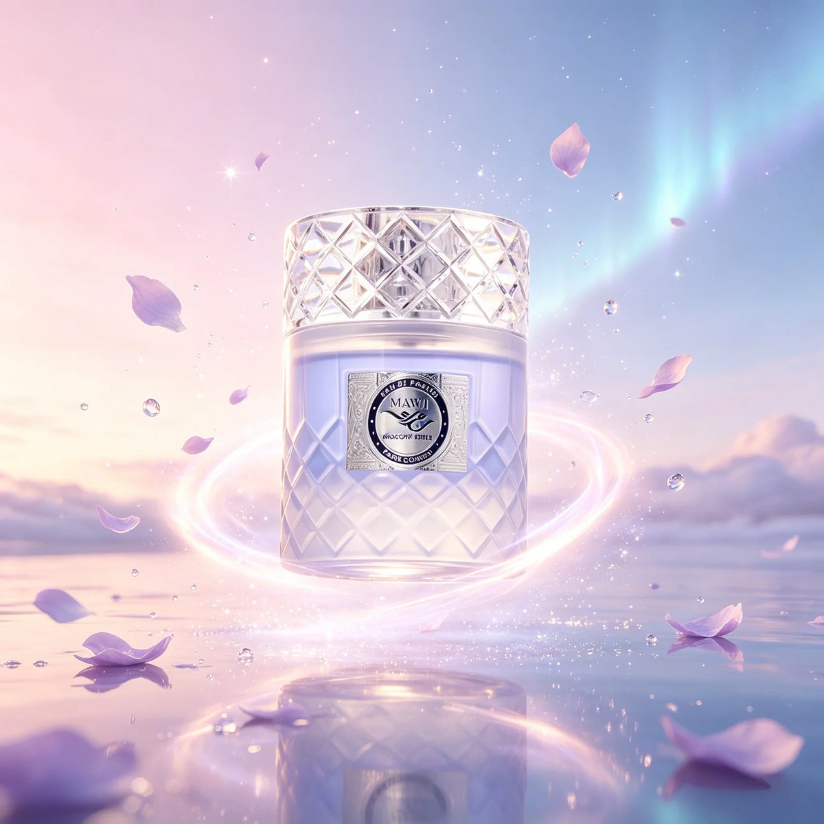 Unisex perfume bottle floating with petals in a dreamy, soft light setting