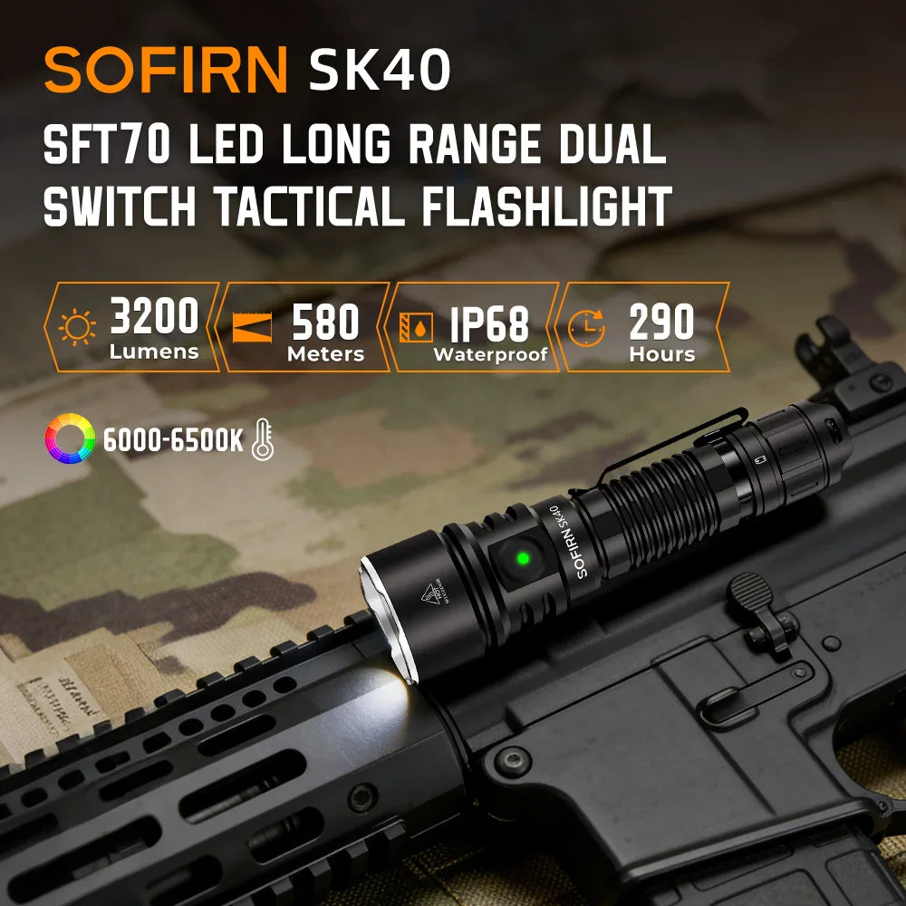 Black tactical handheld LED flashlight mounted on a rifle