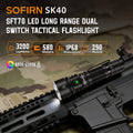 Black tactical handheld LED flashlight mounted on a rifle
