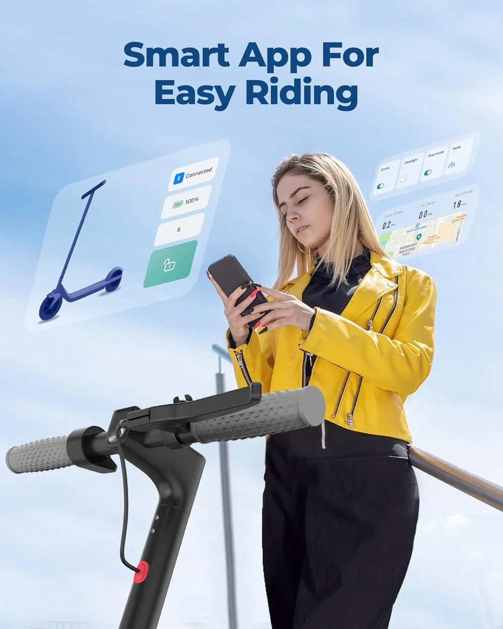 A woman standing outdoors looking at her smartphone which is connected to an electric scooter app.