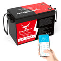 12V 330Ah lithium iron phosphate battery with a hand holding a phone displaying battery app data.