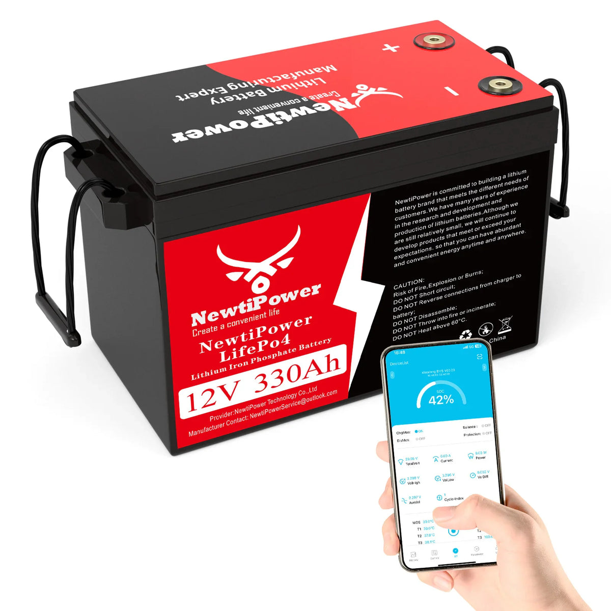 12V 330Ah lithium iron phosphate battery with a hand holding a phone displaying battery app data.