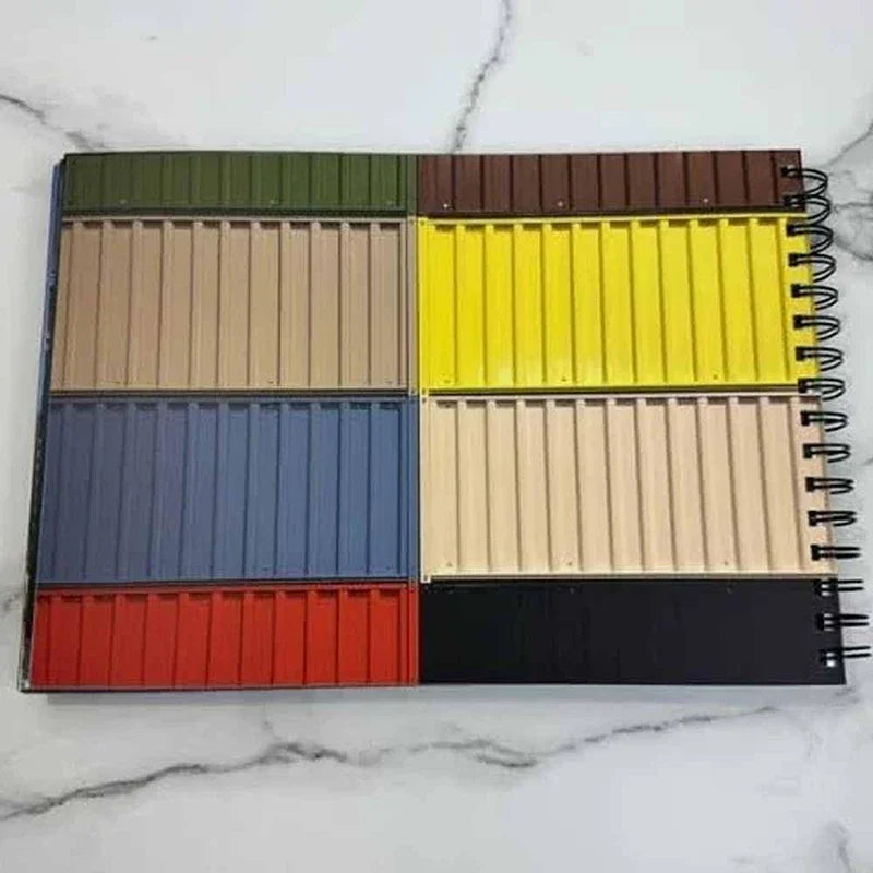 Spiral-bound sketchbook showing a grid of different colored shipping container patterns