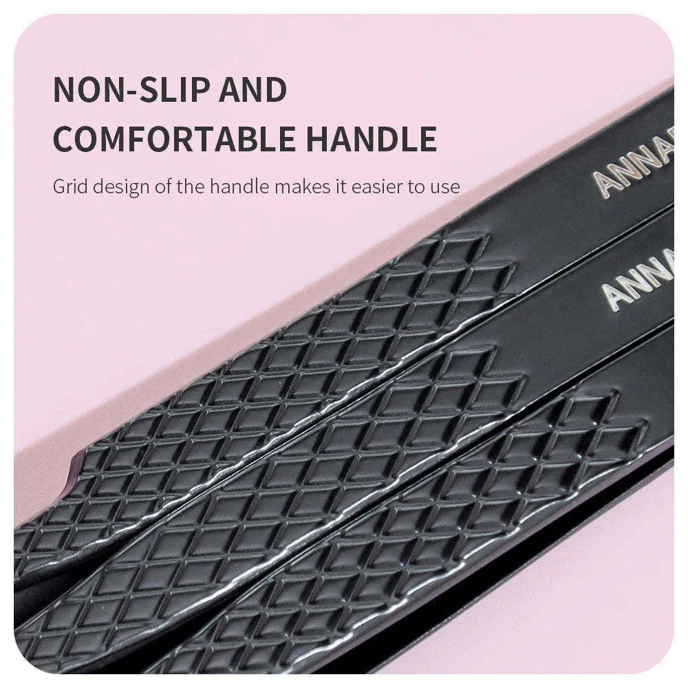 A close up view of the patterned anti-slip handle design on professional eyelash tweezers