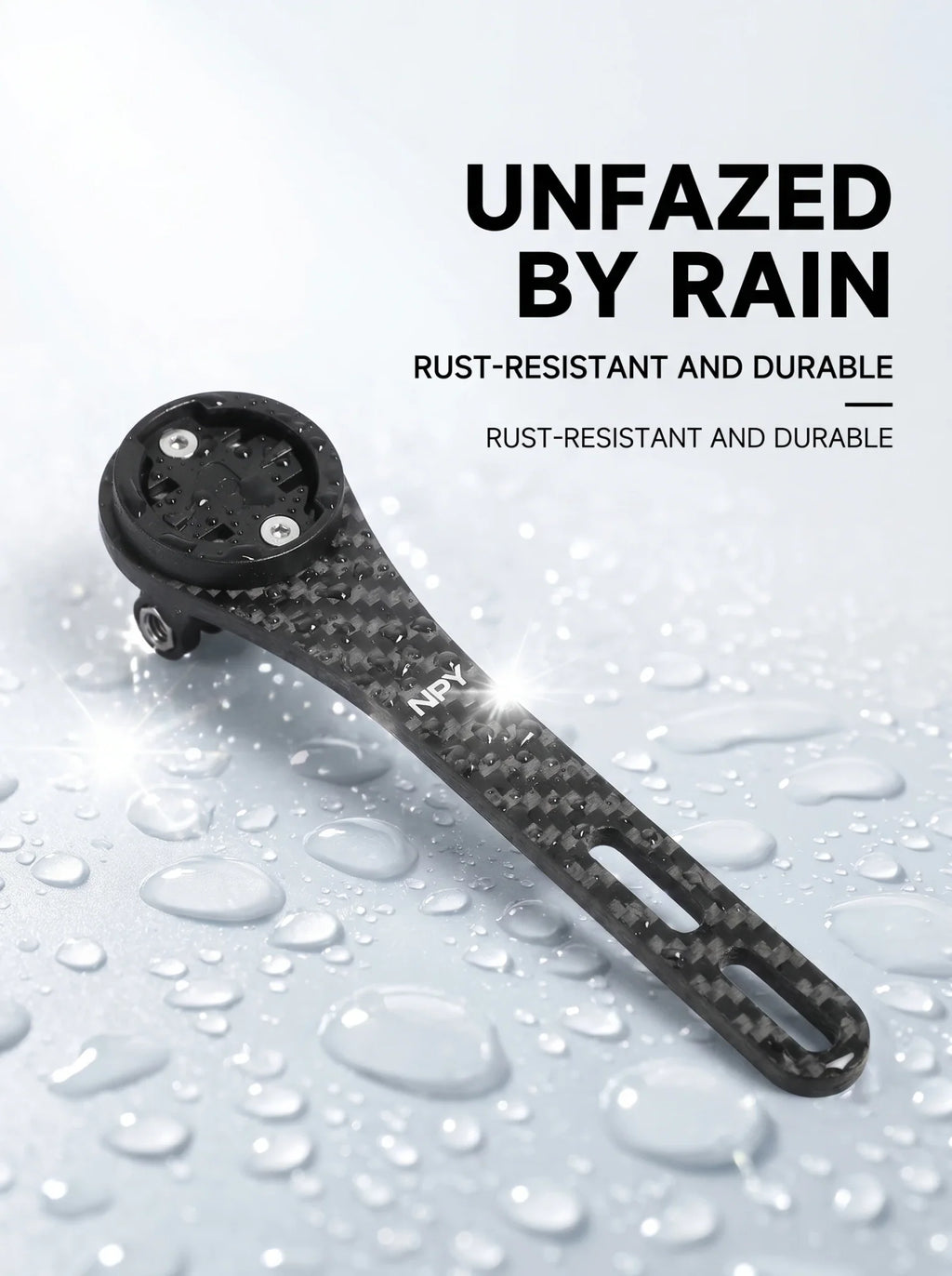 Carbon fiber bicycle computer mount on a wet surface, highlighting water resistance
