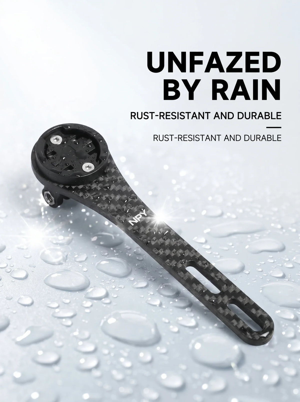 Carbon fiber bicycle computer mount on a wet surface, highlighting water resistance