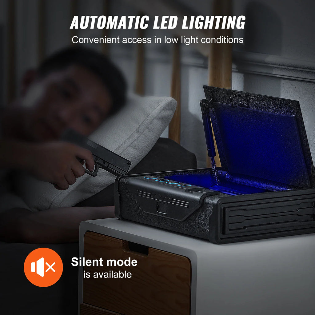 A person using a biometric pistol safe at night with LED interior light.