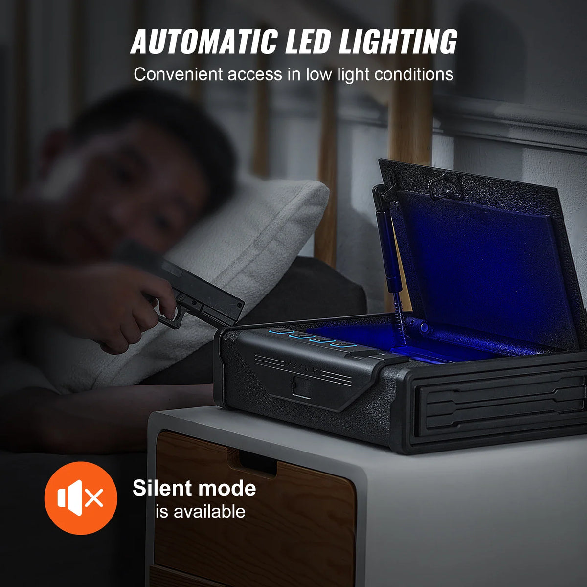 A person using a biometric pistol safe at night with LED interior light.